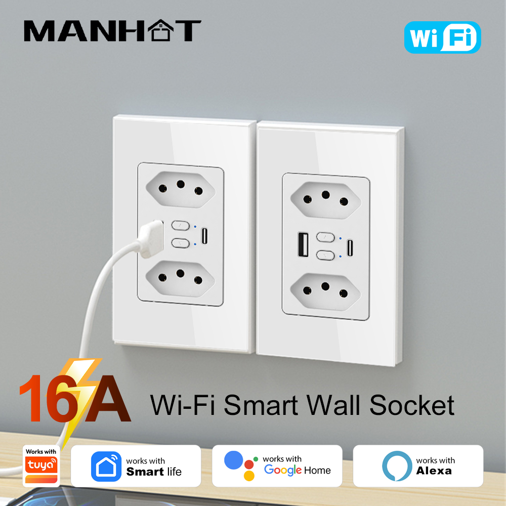 Wifi Smart Plug - MANHOT WLAN-Smart-Steckdose für Brasilien mit USB-Typ-C-Anschluss,